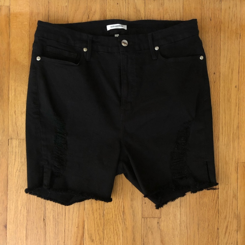 Good American Frayed Hem Distressed Black Jean Shorts